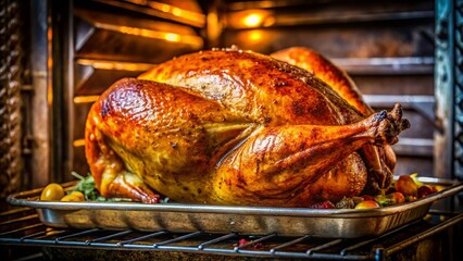 Fototapeta premium Juicy Roasted Turkey Cooking in Oven - Macro Photography of Golden Brown Skin & Crispy Texture
