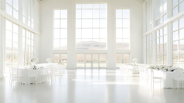All White Wedding Reception Venue With Large Windows