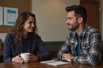 Peer support counselor meets with recovering addict in cafe