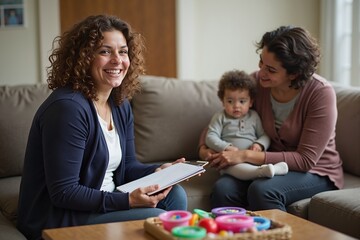 Social worker speaking with struggling single mother