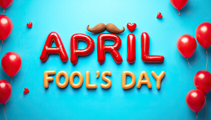 Colorful red and orange balloon letters with mustache on blue background for april fool's day celebration