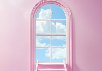 Fototapeta premium A basic scene with a ladder in front of a blue sky on a pink background
