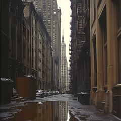 City street reflected in puddles framed by tall buildings with fire escapes and parked cars.