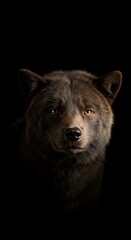 Majestic brown wolf in profile against dark background with intense gaze and detailed fur texture