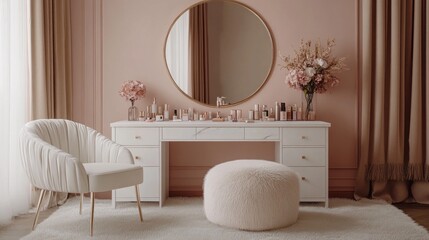 A stylish dressing room features a white desk adorned with beauty products, a round mirror reflecting soft light, and a cozy stool inviting relaxation