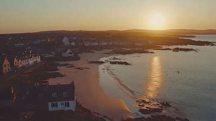 Coastal town sunset aerial view, beach, ocean, houses, golden hour, serenity, travel brochure