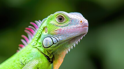 Fototapeta premium Close-up portrait of a vibrant green iguana with pink spikes in a tropical forest during daytime.