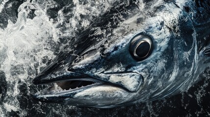 Close-up of Tuna Fish in Water, Showing Details of its Eye and Mouth