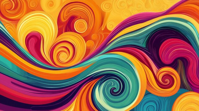 This stunning artwork showcases a vibrant, retroinspired abstract design with swirling shapes and bold colors, reminiscent of 60s and 70s psychedelic art, creating a captivating atmosphere