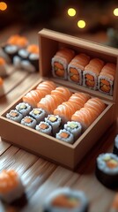 Assorted Sushi In Wooden Box On Wooden Table