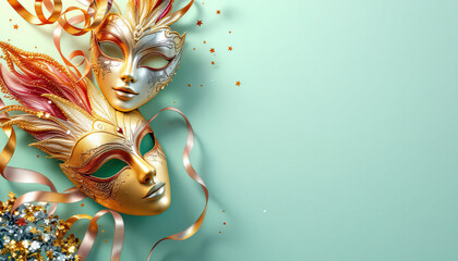 Elegant gold and silver masquerade masks with ribbons and stars on teal background reflecting mystery and festivity for april fool's day.