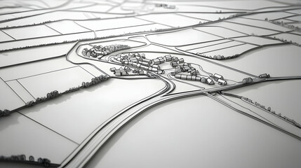 Aerial view of rural community development plan, roads, and fields, showing infrastructure expansion