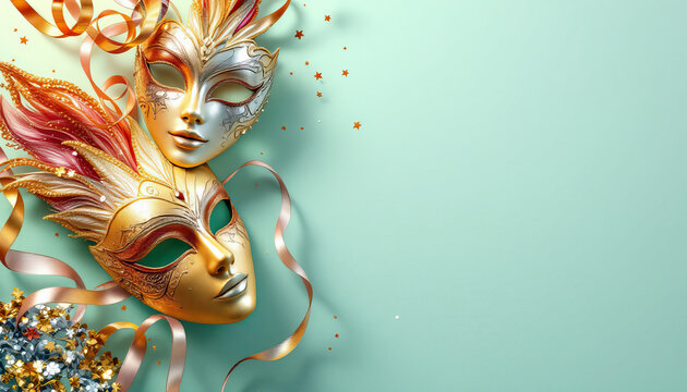 Elegant gold and silver masquerade masks with ribbons and stars on teal background reflecting mystery and festivity for april fool's day.