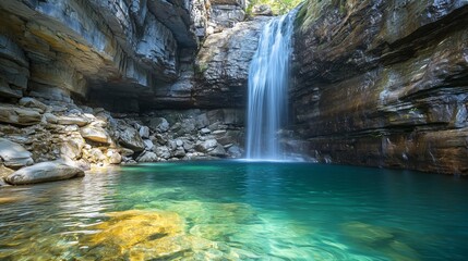 Naklejka premium Serene Waterfall in Lush Green Surroundings