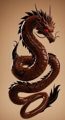 Naklejka premium Majestic chocolate dragon with red eyes and intricate scales in a mystical hovering pose