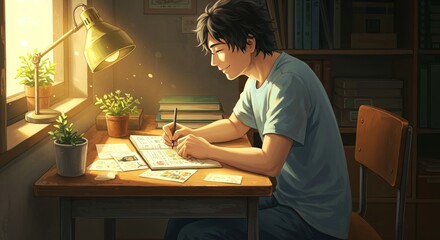 Young artist drawing comics by desk lamp in cozy room with plants and books