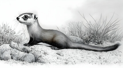 Obraz premium Black-footed Ferret Pen-and-Ink Drawing, Prairie Habitat, Wildlife Conservation Poster