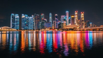 Obraz premium Night cityscape vibrant lights reflecting in water