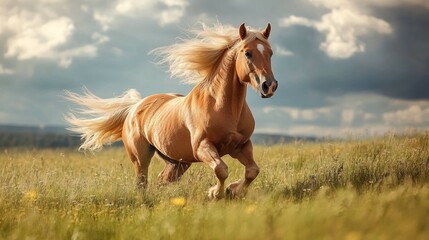 Golden horse galloping across a lush green meadow