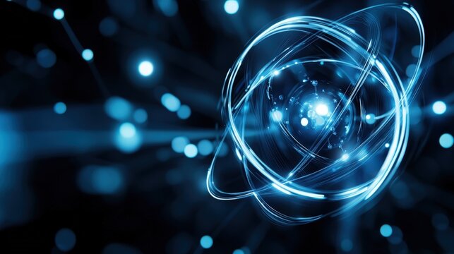 A captivating illustration of an atom, radiating energy in blue hues