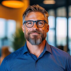 Fototapeta premium Portrait of a middle-aged man with graying hair and beard, wearing glasses and a blue shirt.