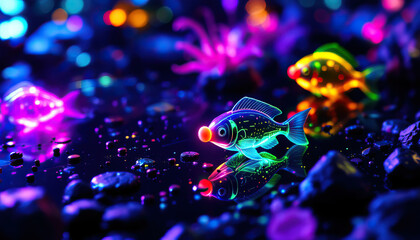 Neon glow fish amidst vibrant coral reefs with electric colors and moody lighting for april fool's day concept