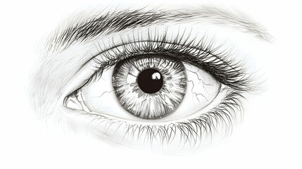 Close-up grayscale eye sketch; detailed iris, lashes; white background; ideal for medical, beauty, or artistic use
