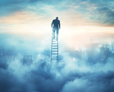 The businessman reaches upwards on the ladder of success, framed by the city of New York