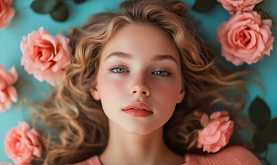 Naklejka premium Young woman surrounded by pink roses on blue background.