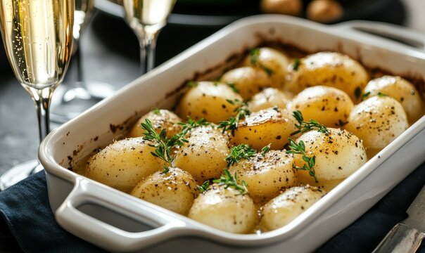 A dish of potatoes complemented by a glass of champagne, suitable for a memorable occasion or festive dinner.