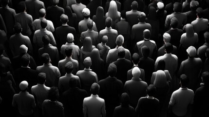Fototapeta premium A captivating black and white image of a diverse crowd from a top-down perspective, showcasing unity in anonymity and the collective energy of a gathering.