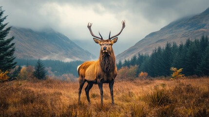 Fototapeta premium Majestic stag standing in autumn landscape with mountains