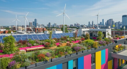 Obraz premium Vibrant rooftop garden overlooking city skyline with solar panels and wind turbines