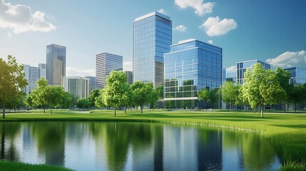 Modern Cityscape Featuring Green Urban Park and Reflective Pond