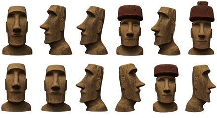Various angles of moai statues with traditional pukao topknots