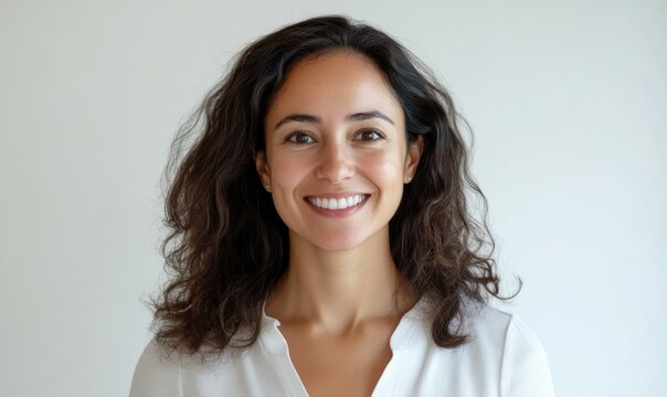 Smiling person with curly hair wearing a white shirt, indoors.