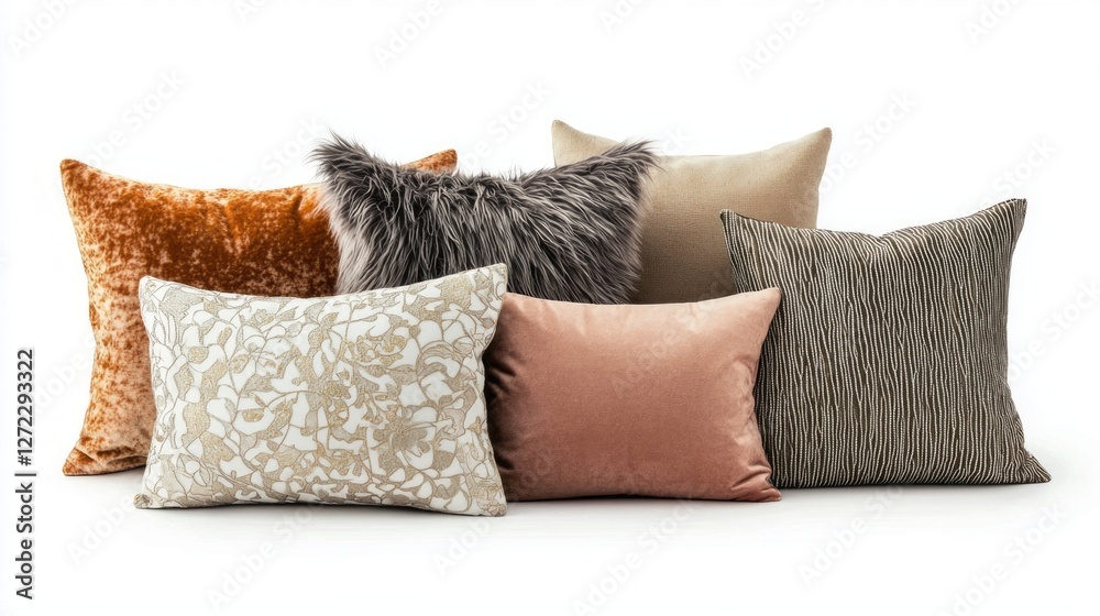 Poster a collection of stylish pillows in various shapes and textures is arranged beautifully against a whi