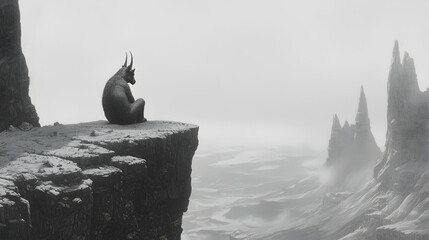 Solitary horned creature contemplates desolate landscape, clifftop, foggy mountains, fantasy art, concept art