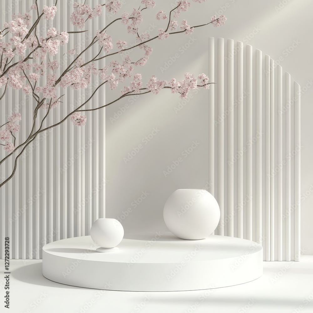 Wall mural 3d render of white marble podium with cherry blossom branch.