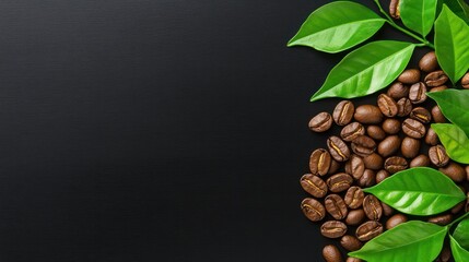 Obraz premium Roasted Coffee Beans and Fresh Green Leaves