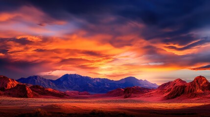 Naklejka premium A breathtaking view of a stunning sunset over rocky mountains, casting vibrant colors across the sky, creating a dramatic and serene landscape ideal for nature lovers and travelers