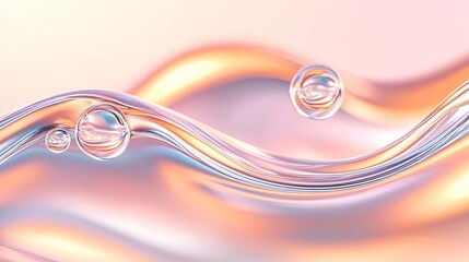 Abstract background with flowing iridescent shapes and clear spheres