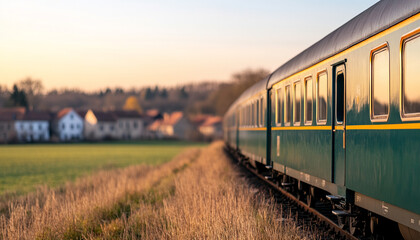 Fototapeta premium Train traveling through a serene landscape at sunset.