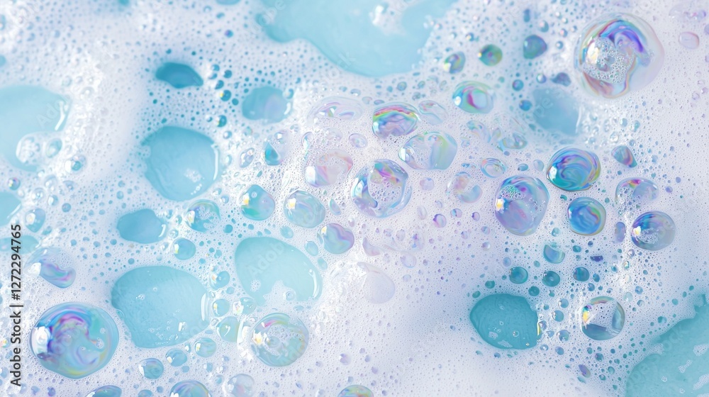 Poster A mesmerizing collection of colorful soap foam features various sizes of bubbles. The soft textures blend shades of blue and white, creating an inviting and whimsical atmosphere