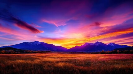 Obraz premium A breathtaking view of a colorful sunset over mountains, with vibrant orange, purple, and pink hues illuminating the sky above a serene, grassy field