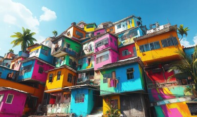 Fototapeta premium Colorful favela houses stacked on a hillside, showing the vibrant culture and diversity of the urban landscape
