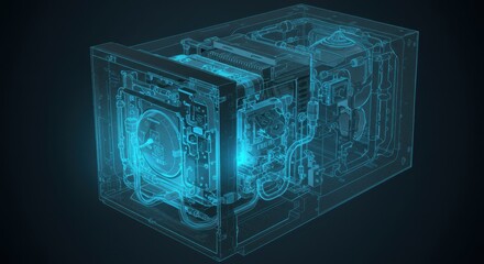 Futuristic transparent machine blueprint with neon holographic effects on dark background