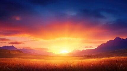 Obraz premium A breathtaking sunrise over a serene landscape, showcasing vibrant colors of orange and blue. The sun rises behind majestic mountains, illuminating the peaceful fields.