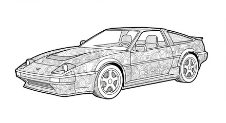 Vintage sports car outline with intricate abstract patterns for coloring and design projects