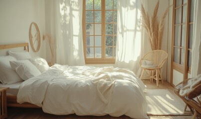 Cozy bedroom with soft white bedding, wooden accents, and large windows allowing in warm sunlight, minimalist decor creating a serene and peaceful vibe, bright natural tones